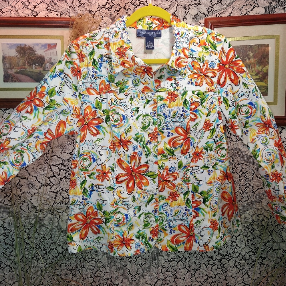 Susan Graver bright floral print  blazer jacket button up sequins shoulder pads